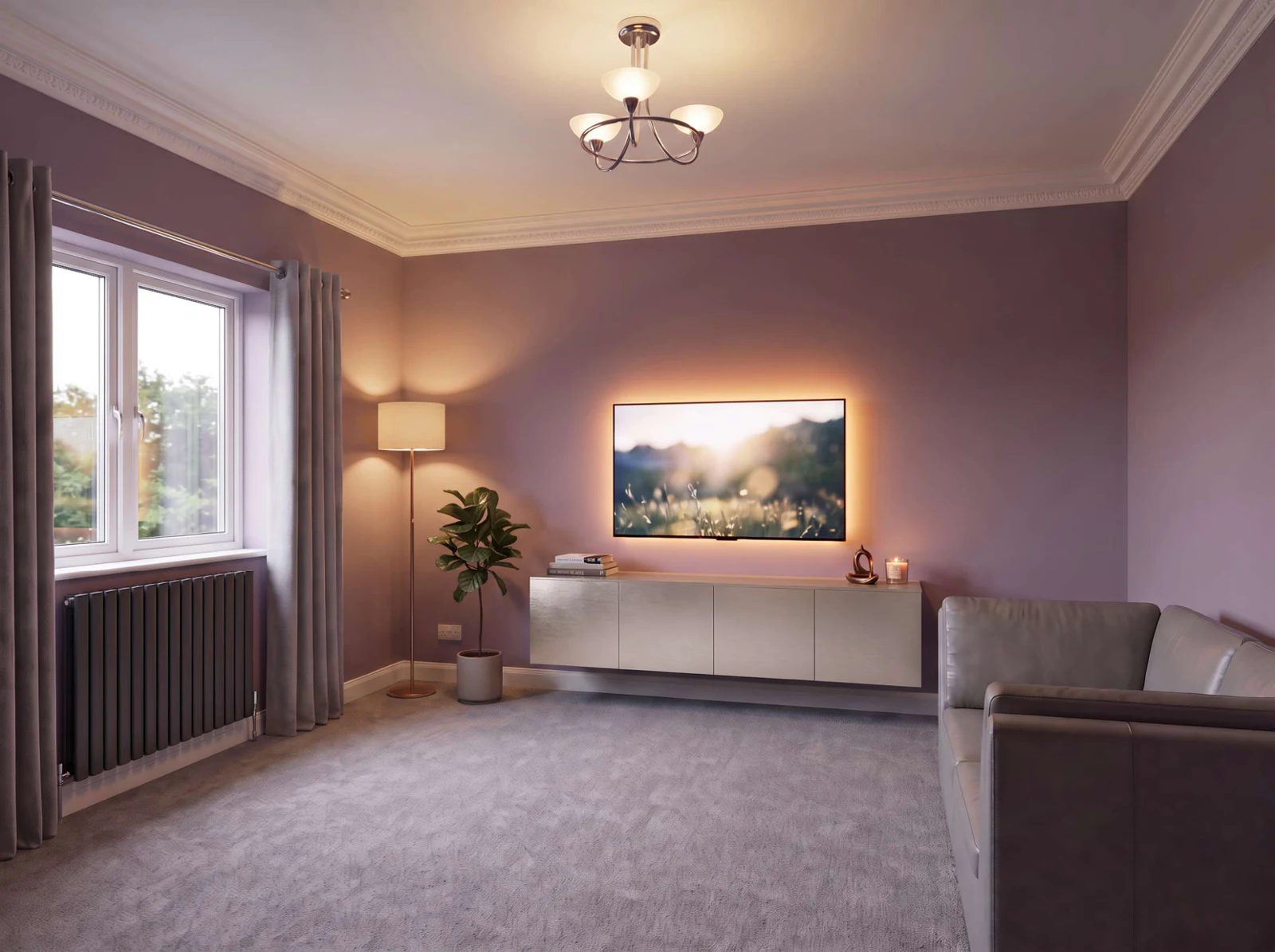 Floating cabinet — light finish media wall design visualisation with a wall-mounted television and fitted cabinetry