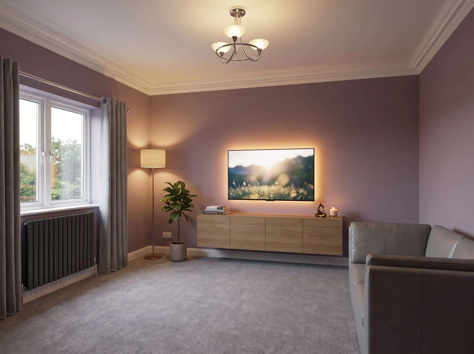 Floating cabinet — warm wood effect media wall design visualisation with a wall-mounted television and fitted cabinetry