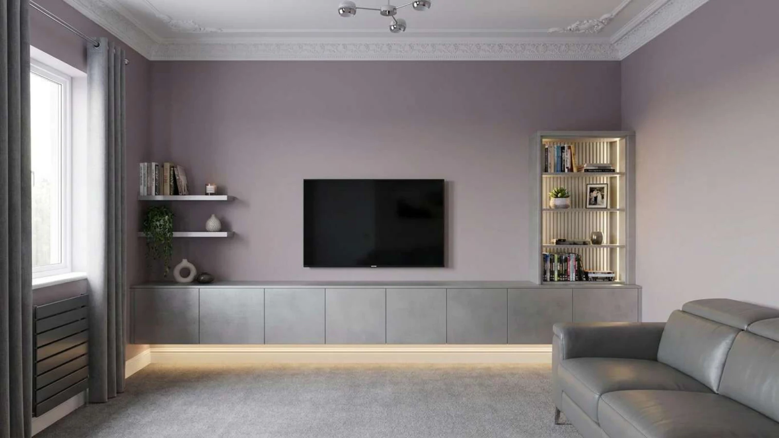 Storage wall — light grey media wall design visualisation with a wall-mounted television and fitted cabinetry